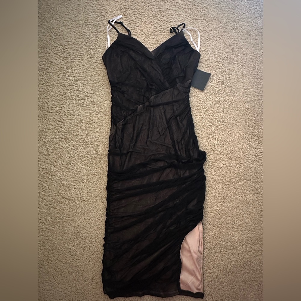 Feeling Hot Black and Beige Ruched Bodycon Midi Dress